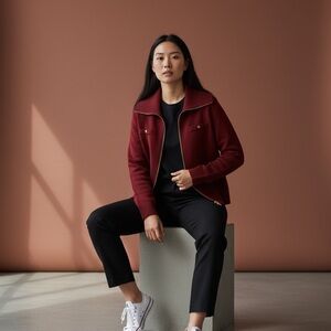 Talbots Petite Garnet Red Zip Front Knit Jacket NWT PL Gold Button Sweater Coat